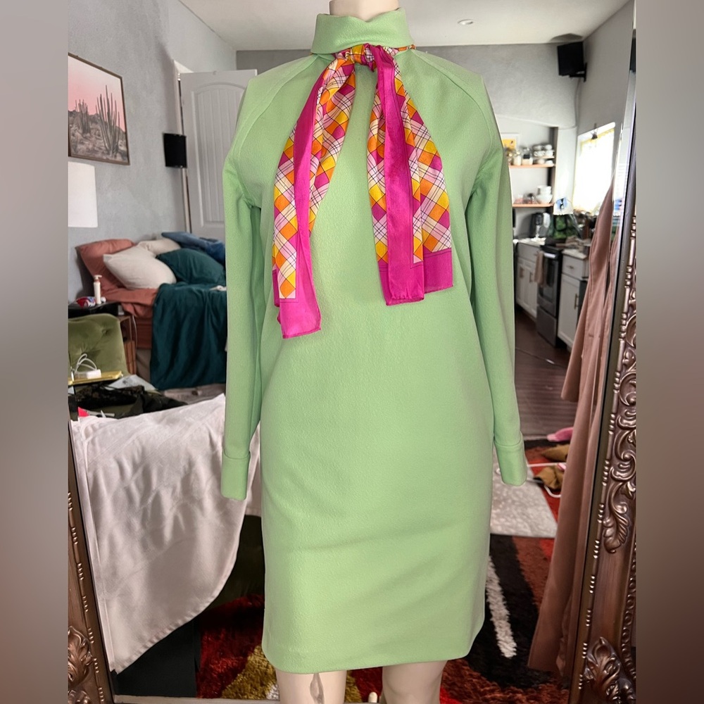 Vintage 1960s Green Long-Sleeve Shift Dress with Pink Plaid Neck Scarf